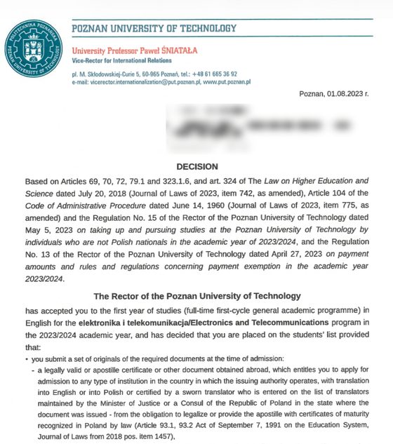 Рішення про зарахування, Poznan University of Technology